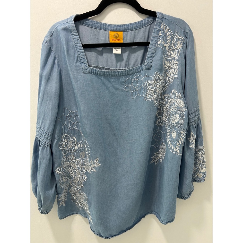 Ruby Rd Womens XL Blue Tencel Chambray Embroidered Floral Square Neck Blouse Top